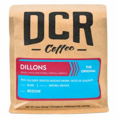 Bag of DCR Coffee featuring Dillons blend with a rich, hazelnut aroma.