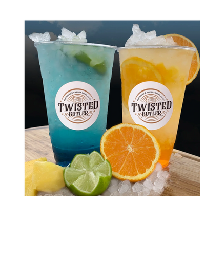 Two colorful iced drinks with citrus garnishes from Twisted Butler.