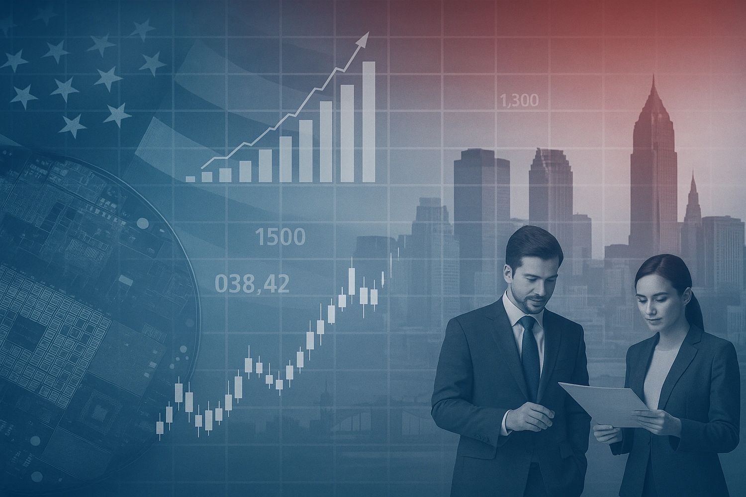 Engineers and business professionals analyzing semiconductor reports against a city skyline.