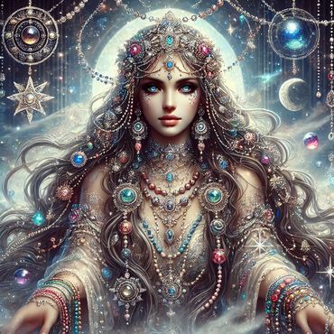 A serene and beautiful bejeweled goddess with a moon and stars in the background