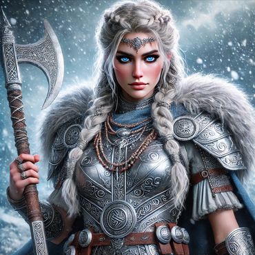 A beautiful and fierce nordic viking chief with piercing blue eyes with a snowy back ground