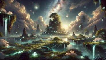 Fairytale nature scene with vibrant glowing waterfalls featuring a grand tree with stars and clouds
