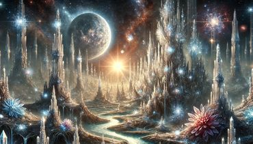 A bejeweled crystal city with a large moon, sun, and galaxy background