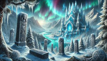 A glowing icy fortress with ornate stone pillars