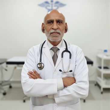 Experienced male doctor standing confidently in a medical office.