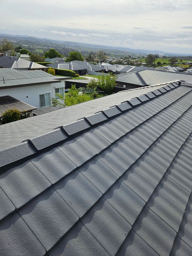 View of a tiled roof with suburban houses and hills in the background.