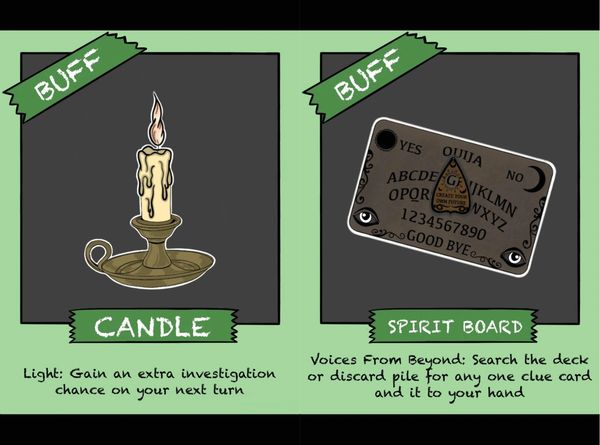 Buff cards: Candle and Spirit Board with special abilities.