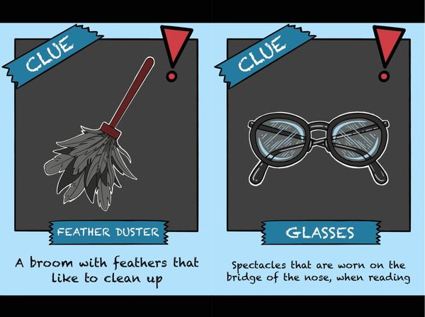 Feather duster and glasses clues.