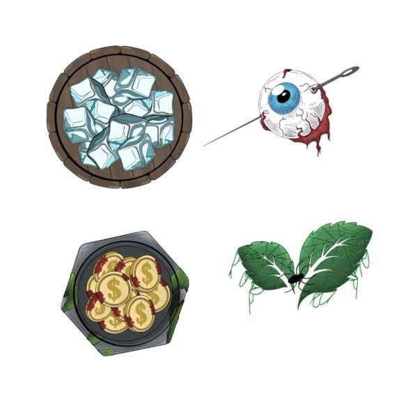 Illustrations of ice cubes, a stabbed eyeball, bloodied coins, and a leaf insect.
