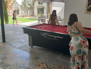Two women playing pool indoors, another woman walking a dog outside on a sunny day.