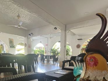 Cozy patio seating with decorative rooster figurines in a bright, airy space.