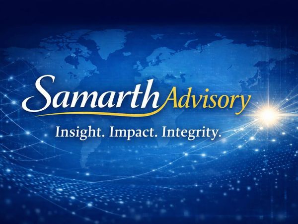 Samarth Advisory logo with a global map background and tagline.