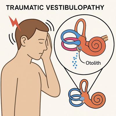 Illustration showing traumatic vestibulopathy with ear anatomy and otolith displacement.