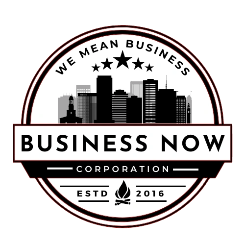Logo of Business Now Corporation with city skyline and slogan.