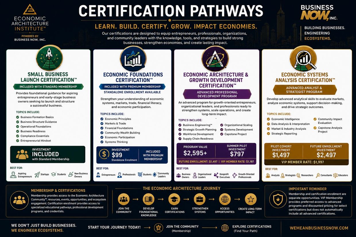 Overview of certification pathways by Economic Architecture Institute to build and grow businesses.