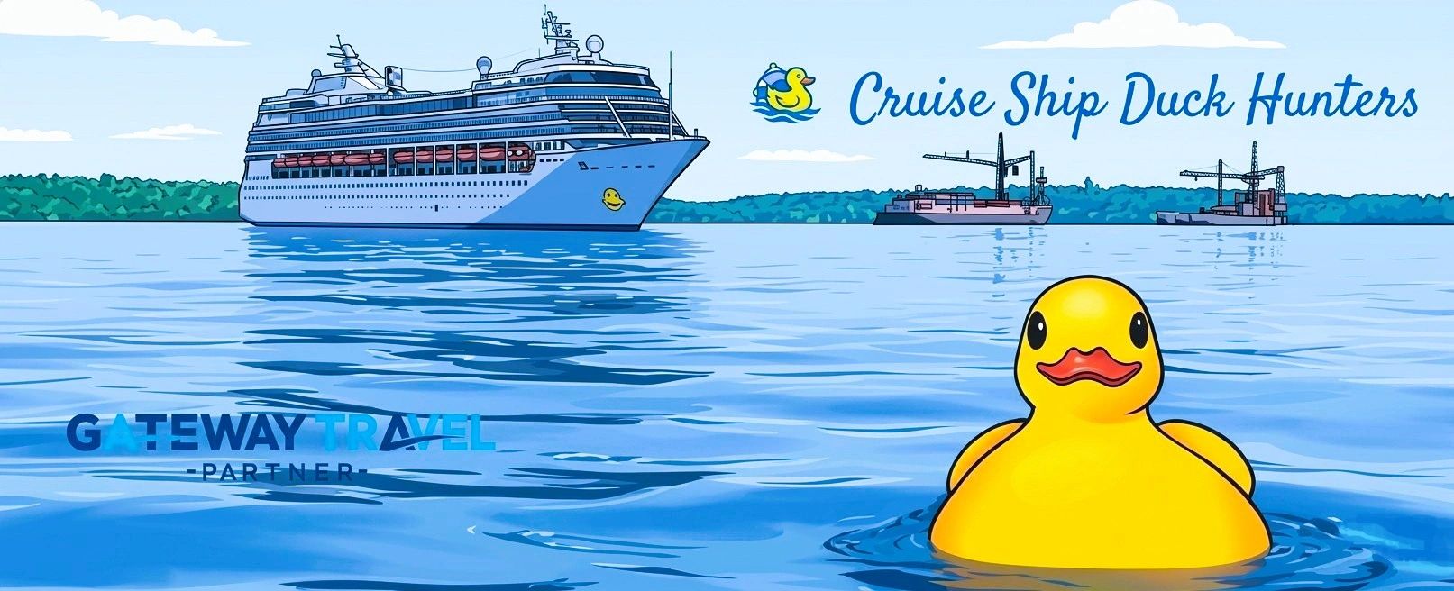 Illustration of a cruise ship and a large rubber duck in the water.