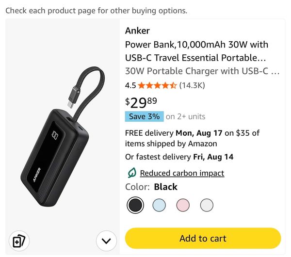 Anker 10,000mAh 30W portable charger with USB-C in black.