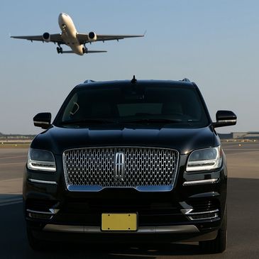 Black luxury SUV parked on an airport runway with a plane taking off in the background.