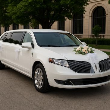 White limousine decorated with white ribbons and flowers, parked outside.