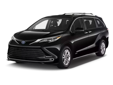 Black Toyota minivan with sleek design and hybrid badge.