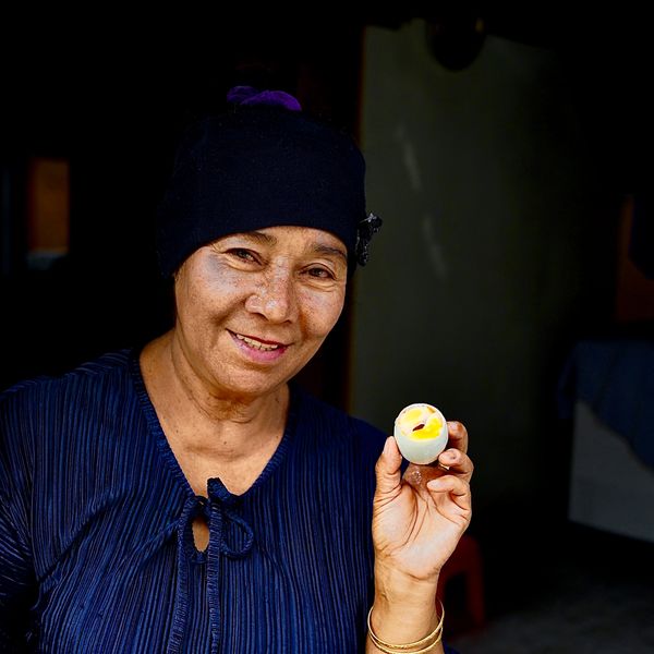 Delicious "Khai khrop": Left over yolks packed 2 each into brine soaked egg shells at Phum Riang