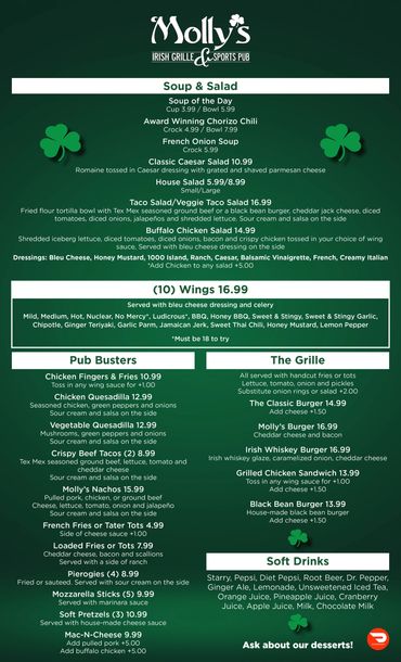 Food and drink menu at Molly's Irish Grille & Sports Pub