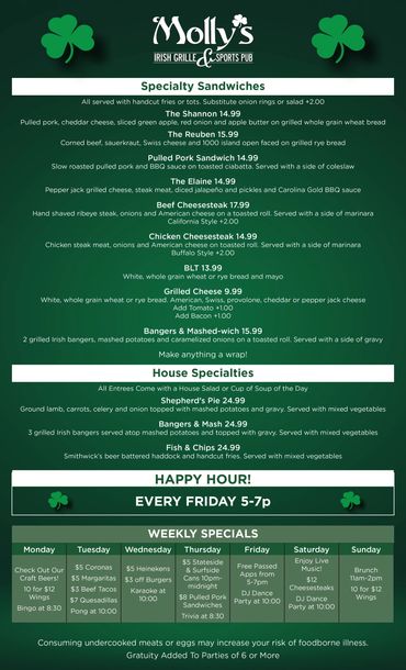 Food and drink menu at Molly's Irish Grille & Sports Pub