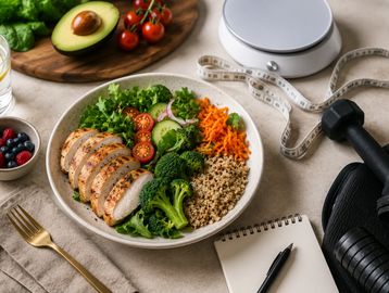 Healthy balanced meal with grilled chicken, vegetables, and quinoa beside fitness gear.