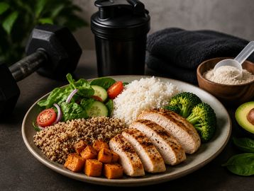 A healthy meal with grilled chicken, quinoa, rice, vegetables, and sweet potatoes.