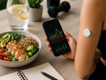 Person tracking health data on phone with healthy meal and fitness gear nearby.