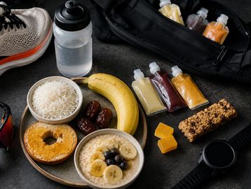 Healthy snacks including banana, dates, rice, energy gels, and granola bar.