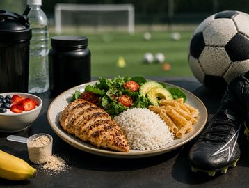 Healthy meal with chicken, rice, avocado, and vegetables beside soccer gear.