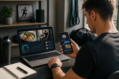A man monitors fitness and nutrition data on a laptop and smartphone.