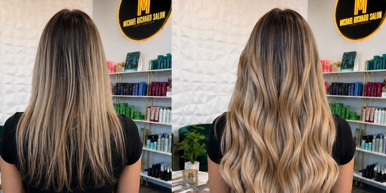 Before and after hair transformation with length and waves.