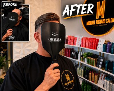 Man shows before and after hair makeover at Michael Richard Salon.