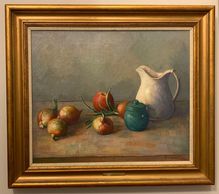 Robert Brackman (1898-1980) "Fruit Demonstration" oil on canvas signed lower right with "Demonstration Robert Brackman Noank, Conn." written on verso and plate on front that says Robert Brackman (1898-1980)
