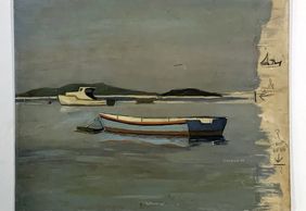 Robert Solotaire South Harpswell, Maine from 1966. Oil on board signed, notes written outside of margin, and titled and inscribed by Solotaire on verso