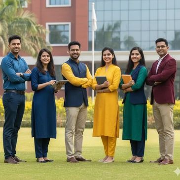 Six young professionals standing confidently in business casual attire outdoors.