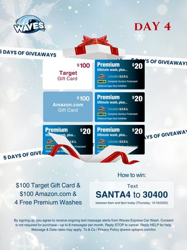 Waves Express Car Wash giveaway with gift cards and free washes on Day 4.