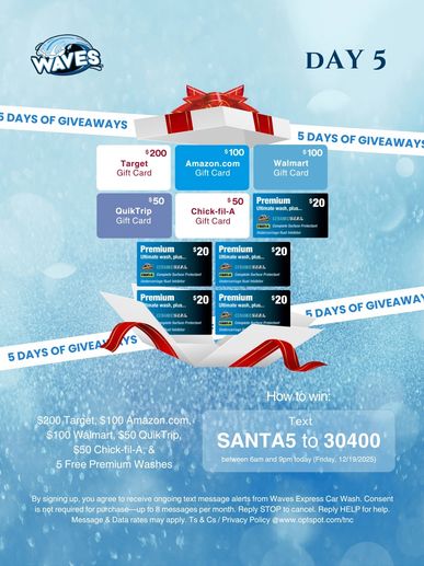 Gift card giveaway including Target, Amazon, Walmart, Chick-fil-A, and more for Day 5 of Waves Express Car Wash.