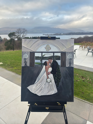 First kiss, live wedding painting at Lochside House Hotel, Cumnock. Boturich Castle, Loch Lomond.