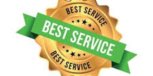 Gold seal with green ribbon saying Best Service three times.