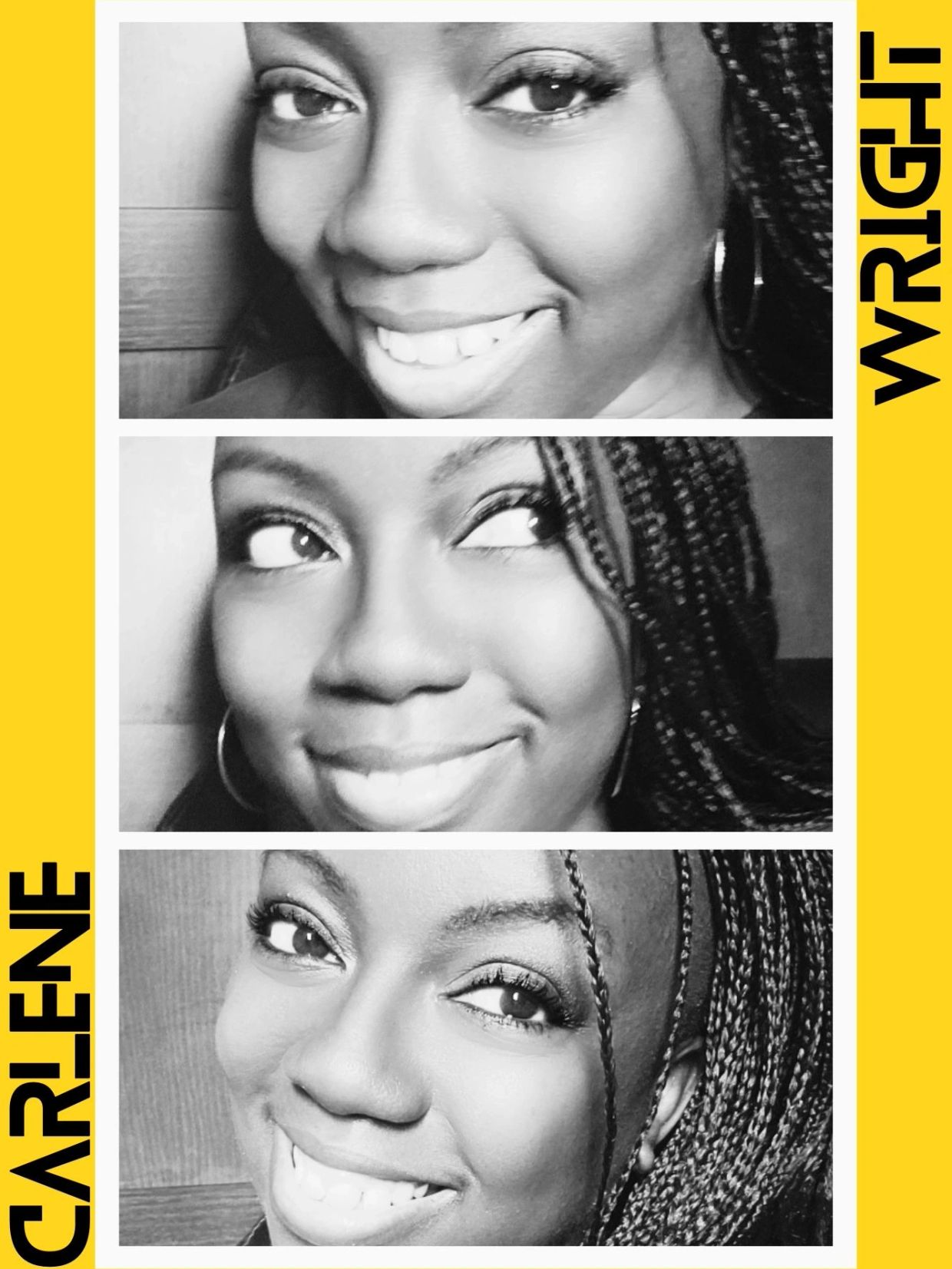 Smiling woman with braided hair in three black-and-white portraits.