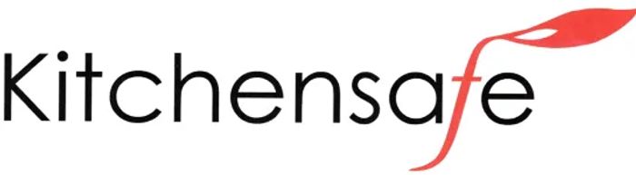 Kitchensafe logo with stylized red leaf on letter 'f'.