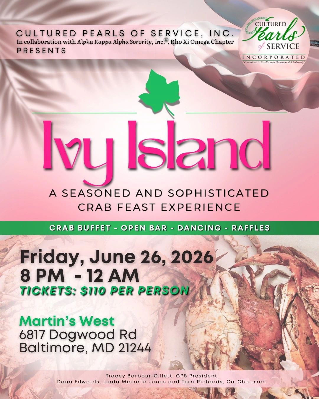 Flyer for Ivy Island crab feast event on June 26, 2026 in Baltimore.