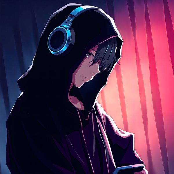 Anime boy called Kierankxk in a hoodie with headphones, glowing with blue and pink light.