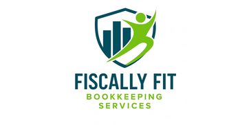 Logo for Fiscally Fit Bookkeeping Services with a shield, bar chart, and dynamic figure.