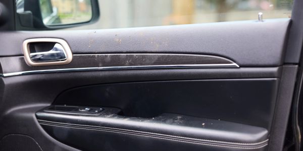Dirty car door panel with visible stains and dust.