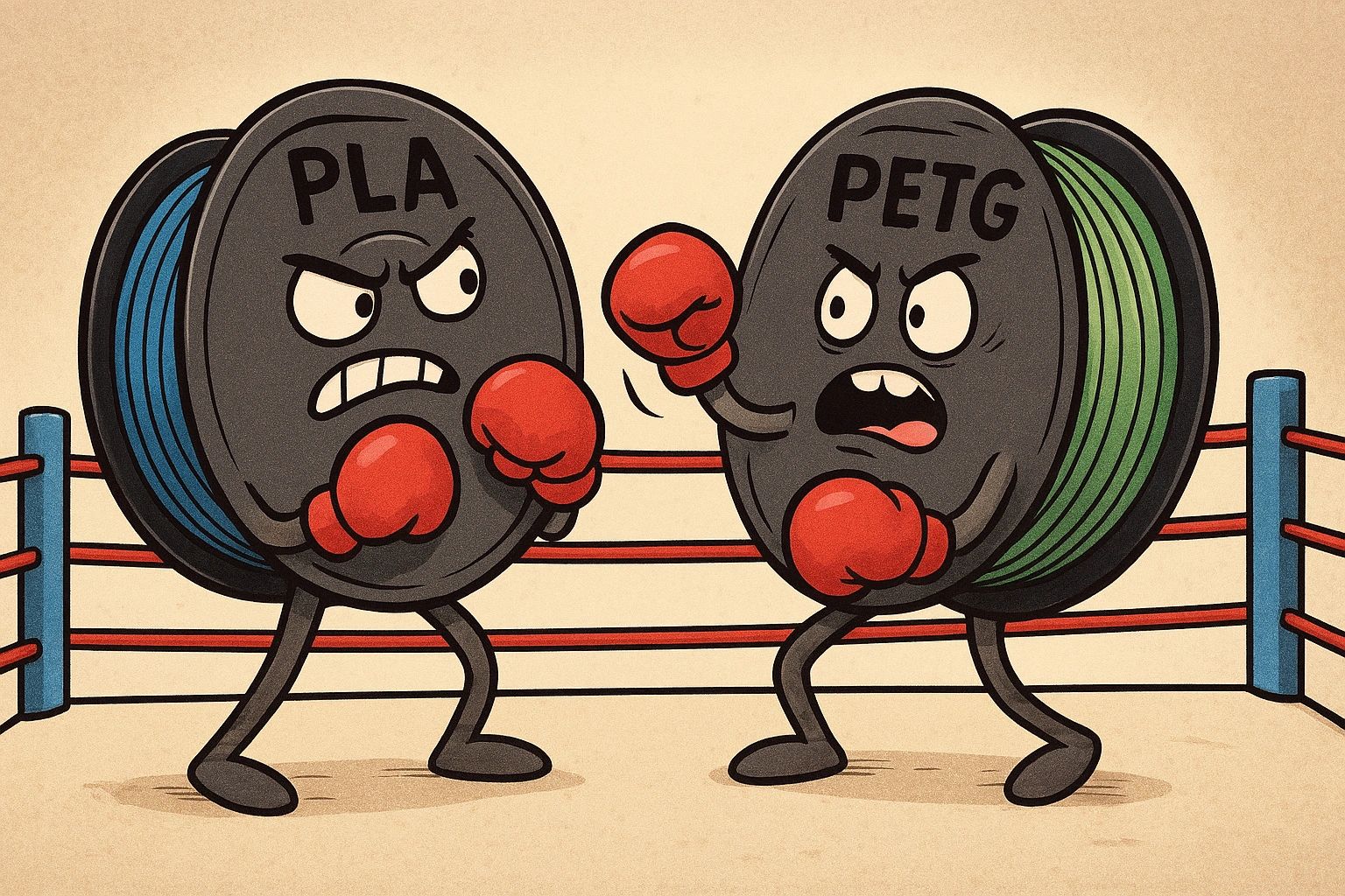 The PLA spool is throwing a punch with a nervous grin. PETG looks rugged with a determined snarl, an