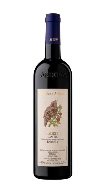 Bottle of Abbona Casaret Langhe Barbera red wine with bird label.